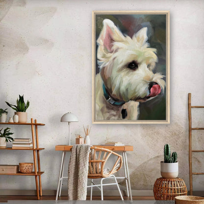 Westie dog framed canvas print showcasing playful expression and fluffy coat in a stylish room setting.