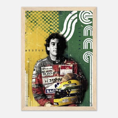 Ayrton Senna F1 legend framed print showcasing vibrant colors and dynamic design, celebrating the Brazilian racing icon.