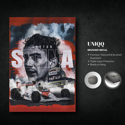 Ayrton Senna brushed metal poster, celebrating F1 legend with premium aluminum and ready to hang design.