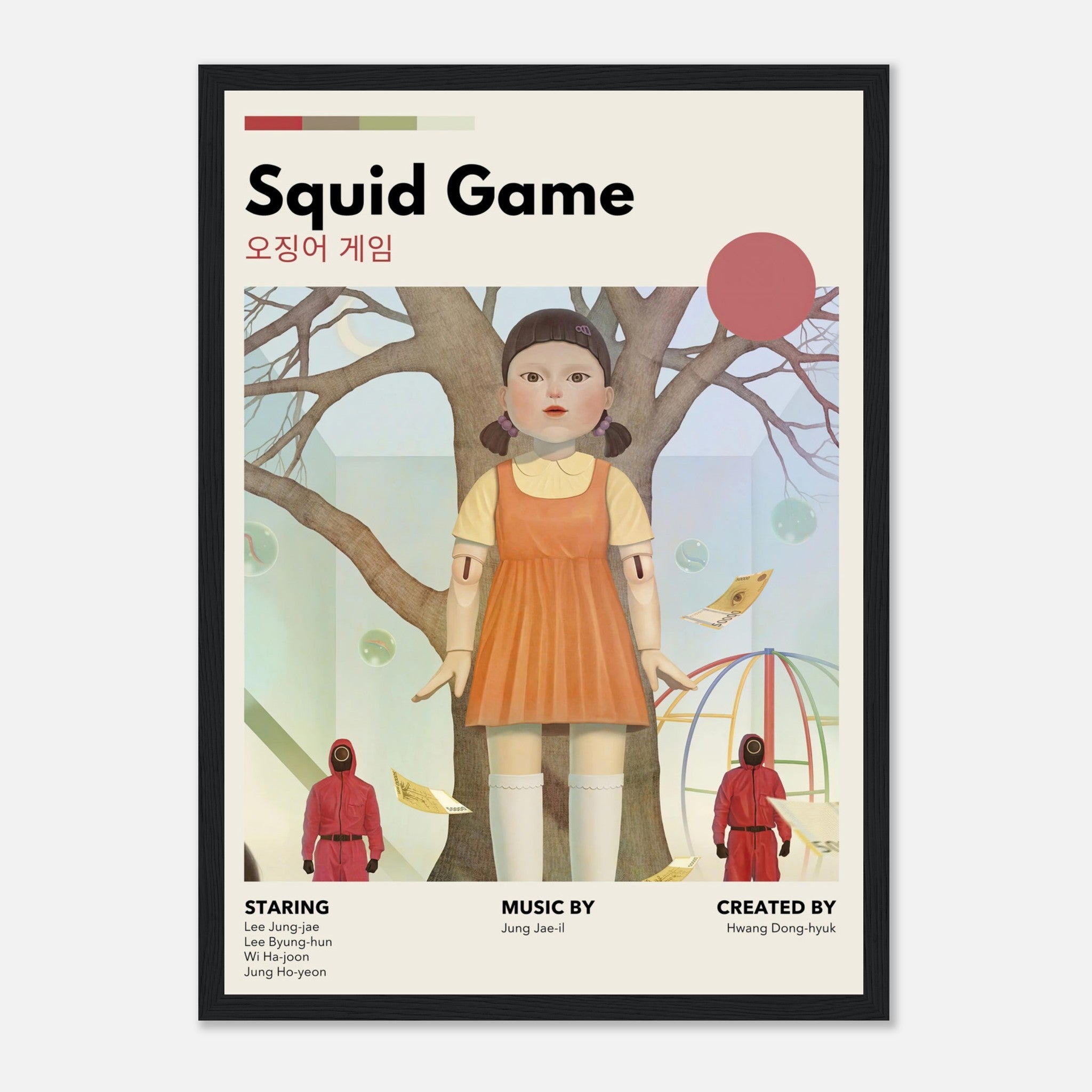 Vintage Squid Game framed poster featuring the iconic Red Light, Green Light doll in retro design.