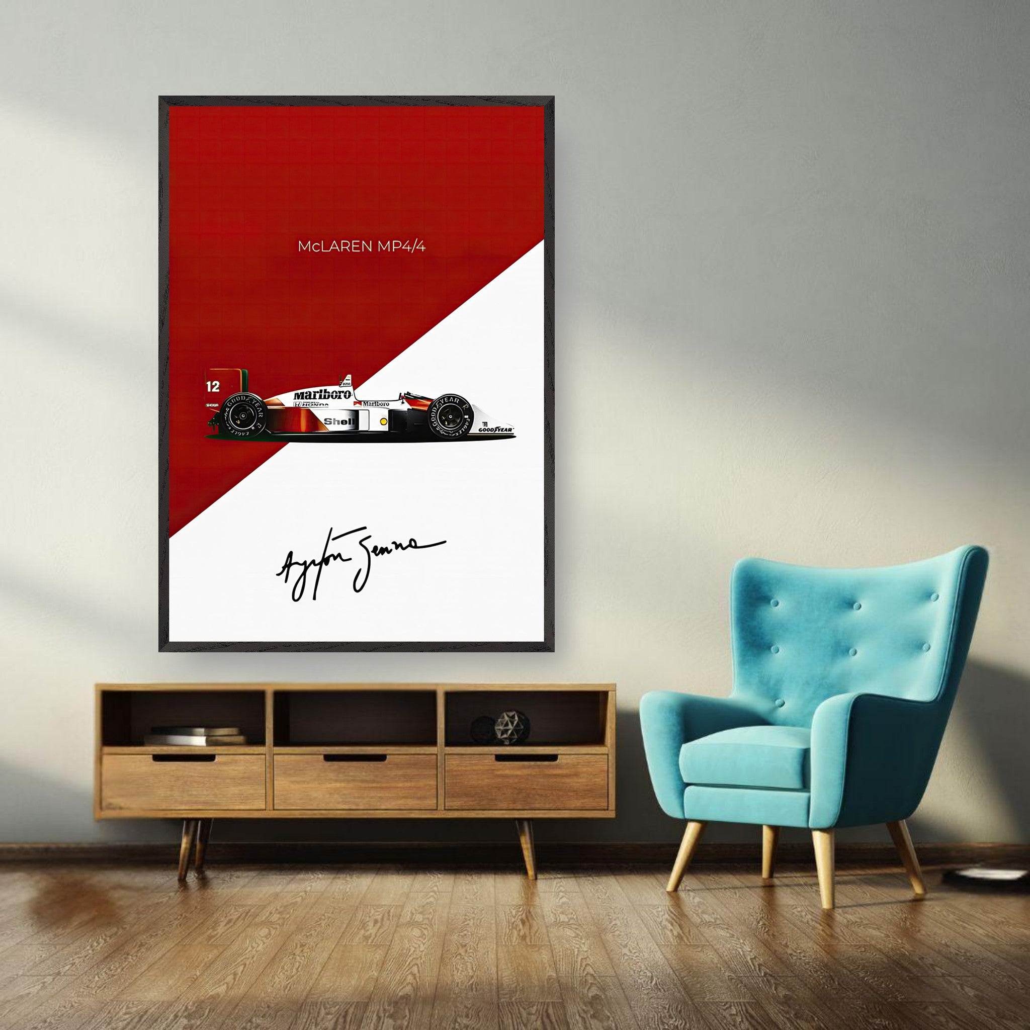 Vintage framed print of Ayrton Senna's McLaren MP4/4 on a bold red and white background, displayed in a modern living room.