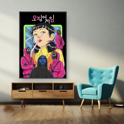 Squid Game Netflix fine art print featuring iconic characters in vibrant colors displayed in a modern living room setting.