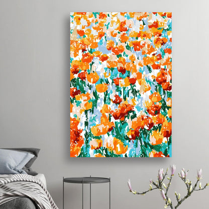 Vibrant abstract floral tulip garden poster featuring bold orange and green colors, perfect for home decor.