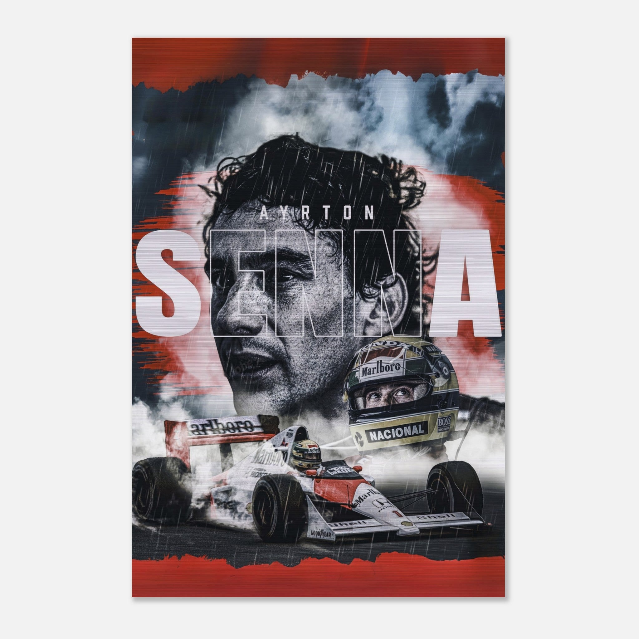 Ayrton Senna brushed metal poster featuring his iconic F1 car and powerful visage, celebrating his motorsport legacy.