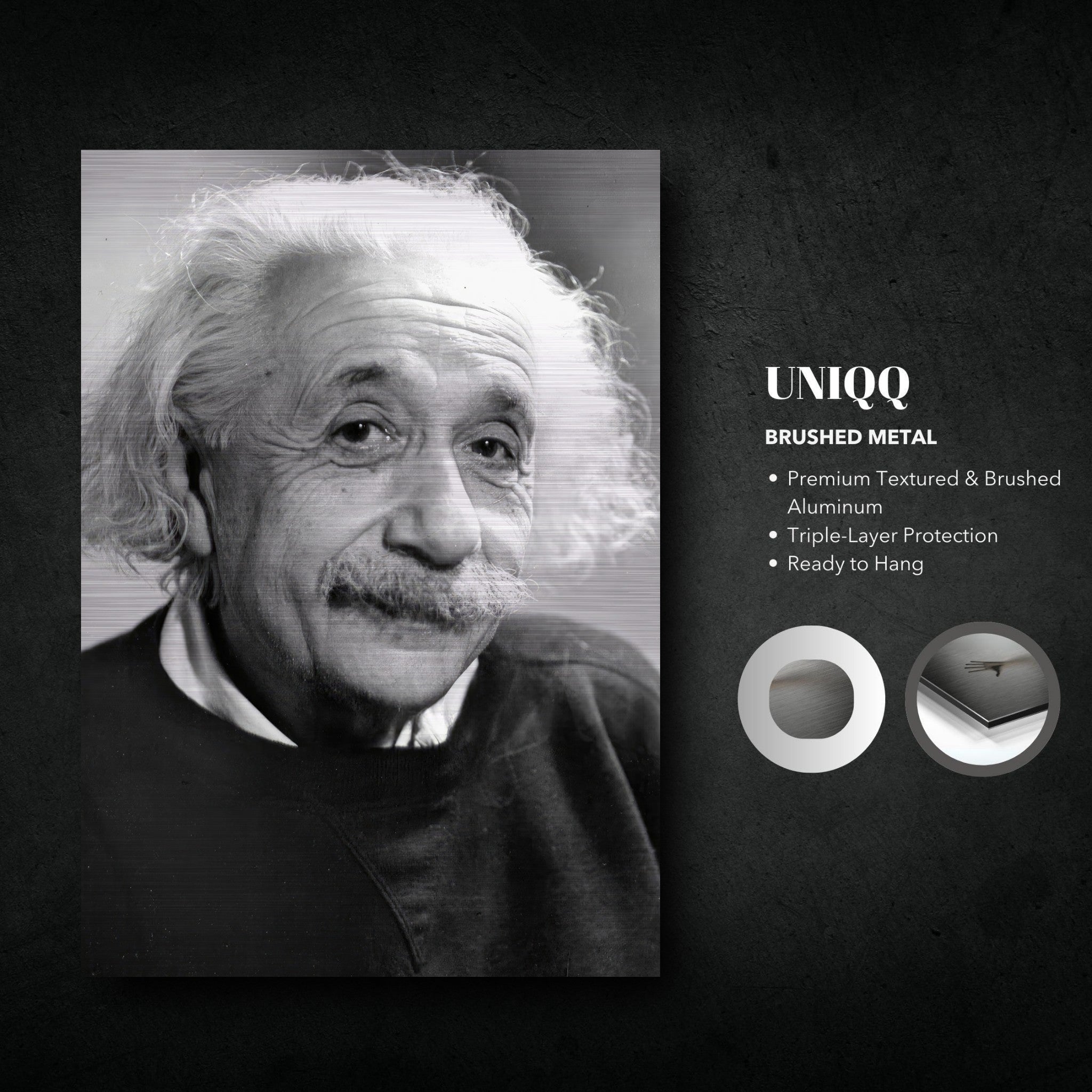 Brushed metal print of Albert Einstein (1946) in black and white, capturing wisdom in a stunning portrait.