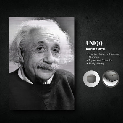 Brushed metal print of Albert Einstein (1946) in black and white, capturing wisdom in a stunning portrait.