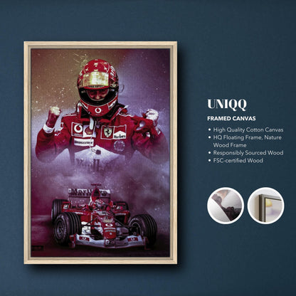 Michael Schumacher framed canvas print showcasing his triumph in Formula 1 with vibrant colors and detailed artwork.