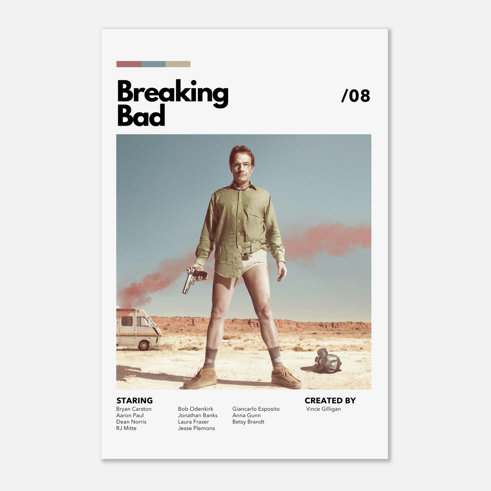 Retro Breaking Bad metal print featuring Walter White in desert attire, highlighting the show's iconic dark humor.