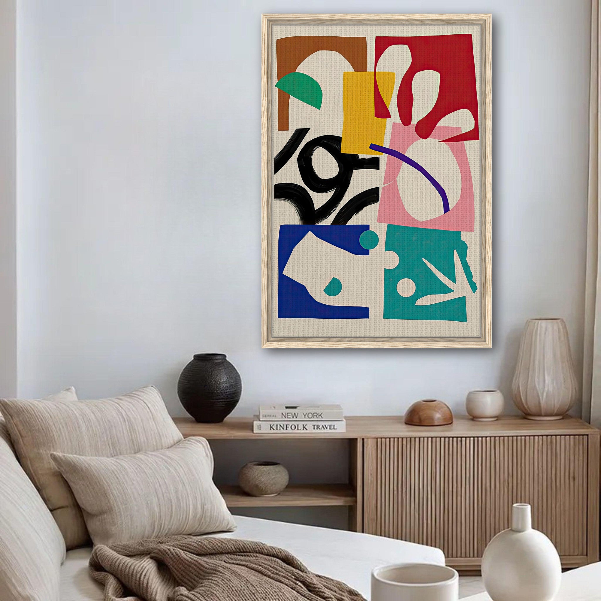 Abstract Harmony framed canvas print showcasing bold shapes and vibrant colors in a modern living room setting.