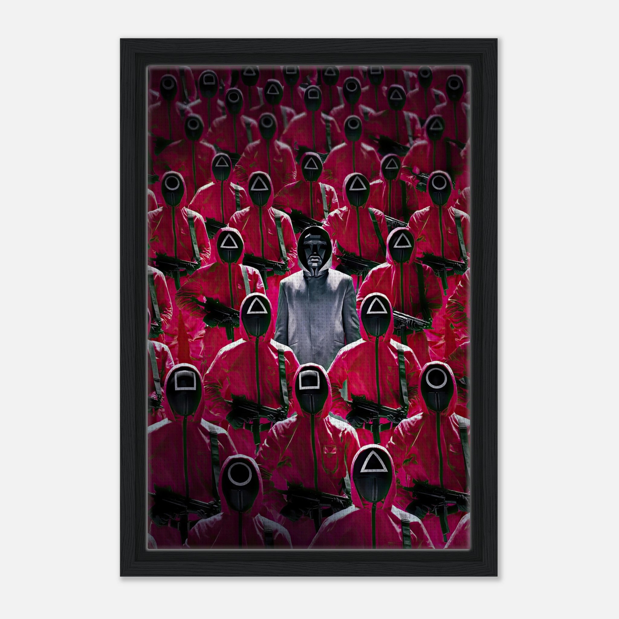 Framed canvas print of Squid Game guards in red uniforms, featuring iconic masks and a central figure in gray attire.