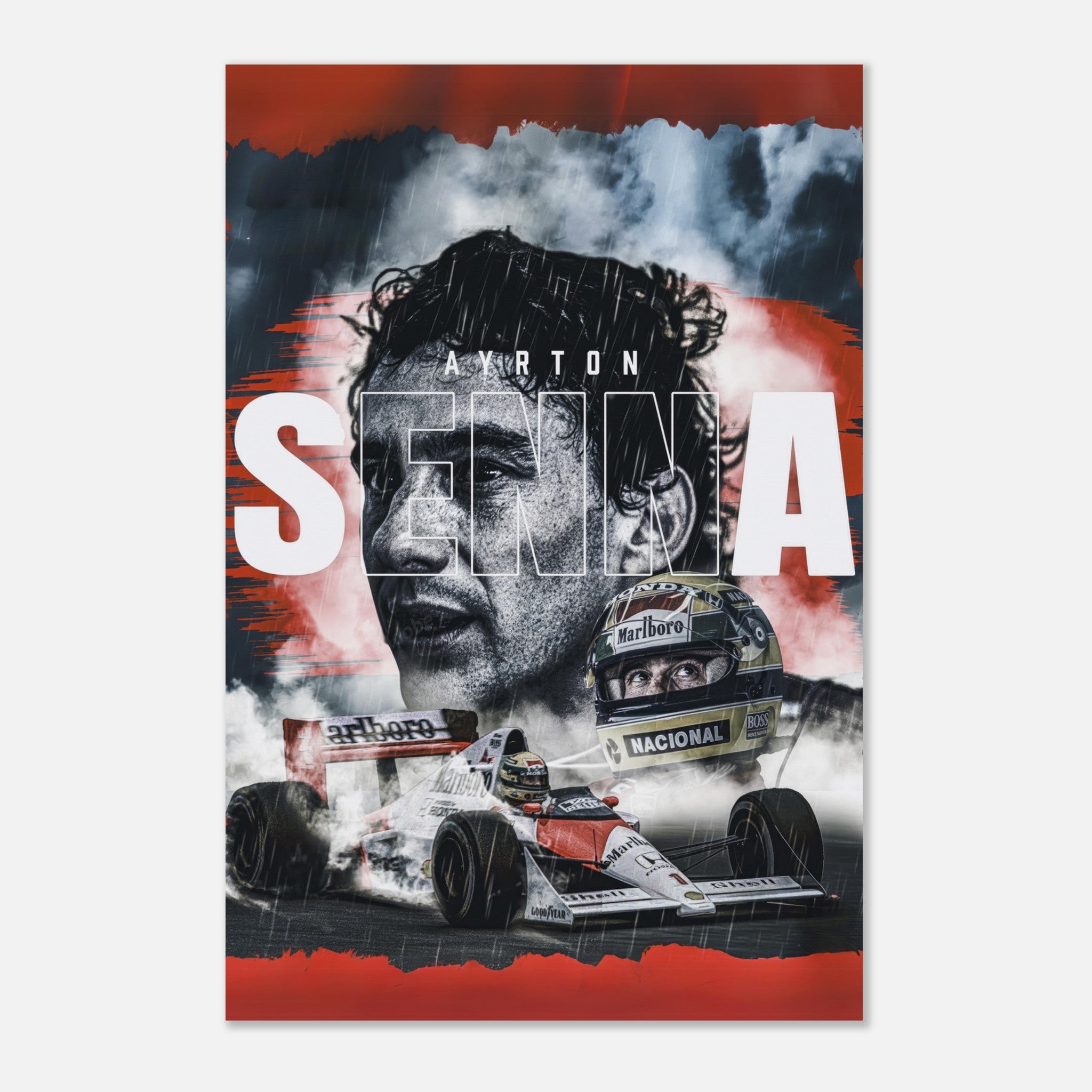 Ayrton Senna metal print featuring high-definition imagery of the legendary F1 driver and his iconic car.