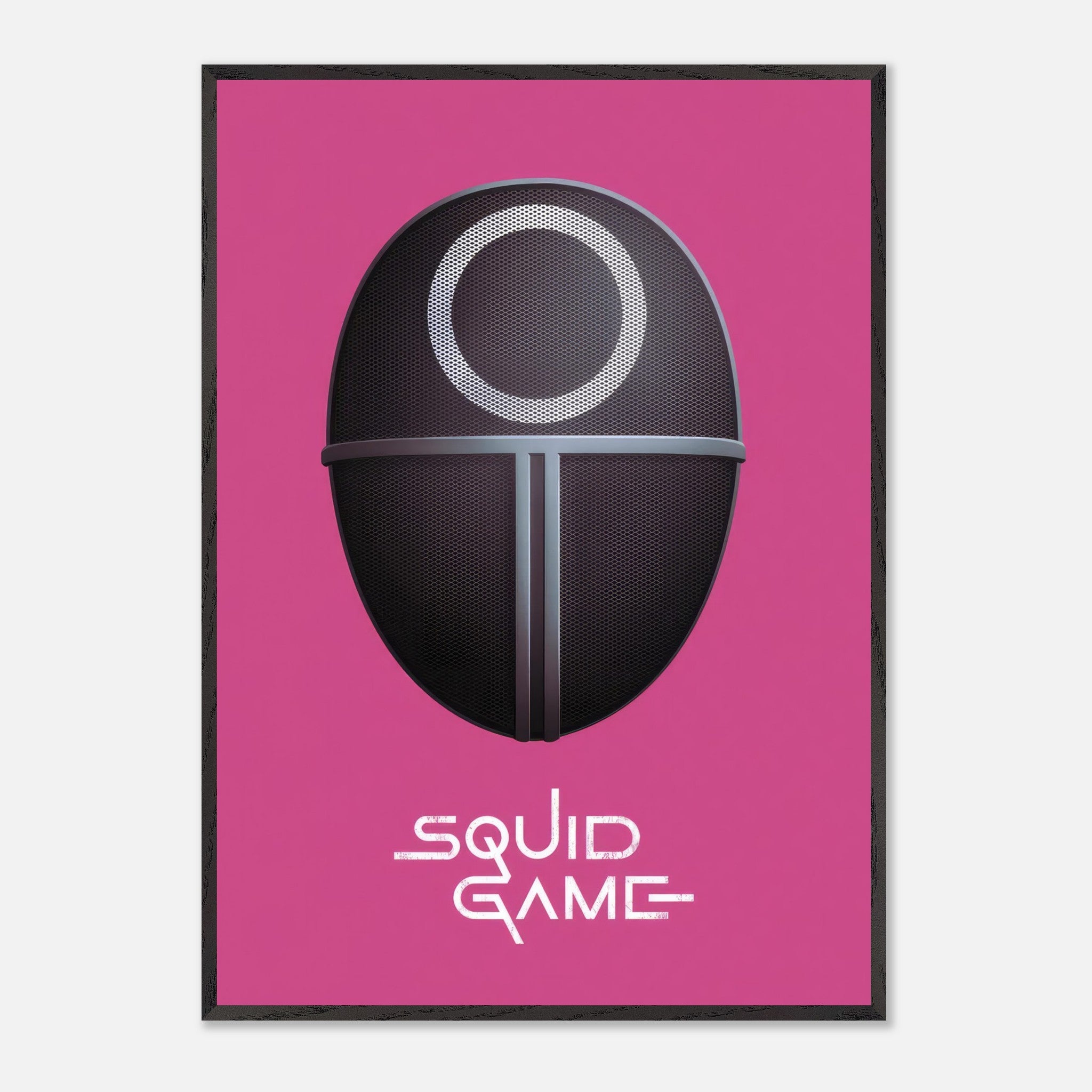 Squid Game Guard Mask fine art print on bold pink background, featuring iconic design for fans and collectors.