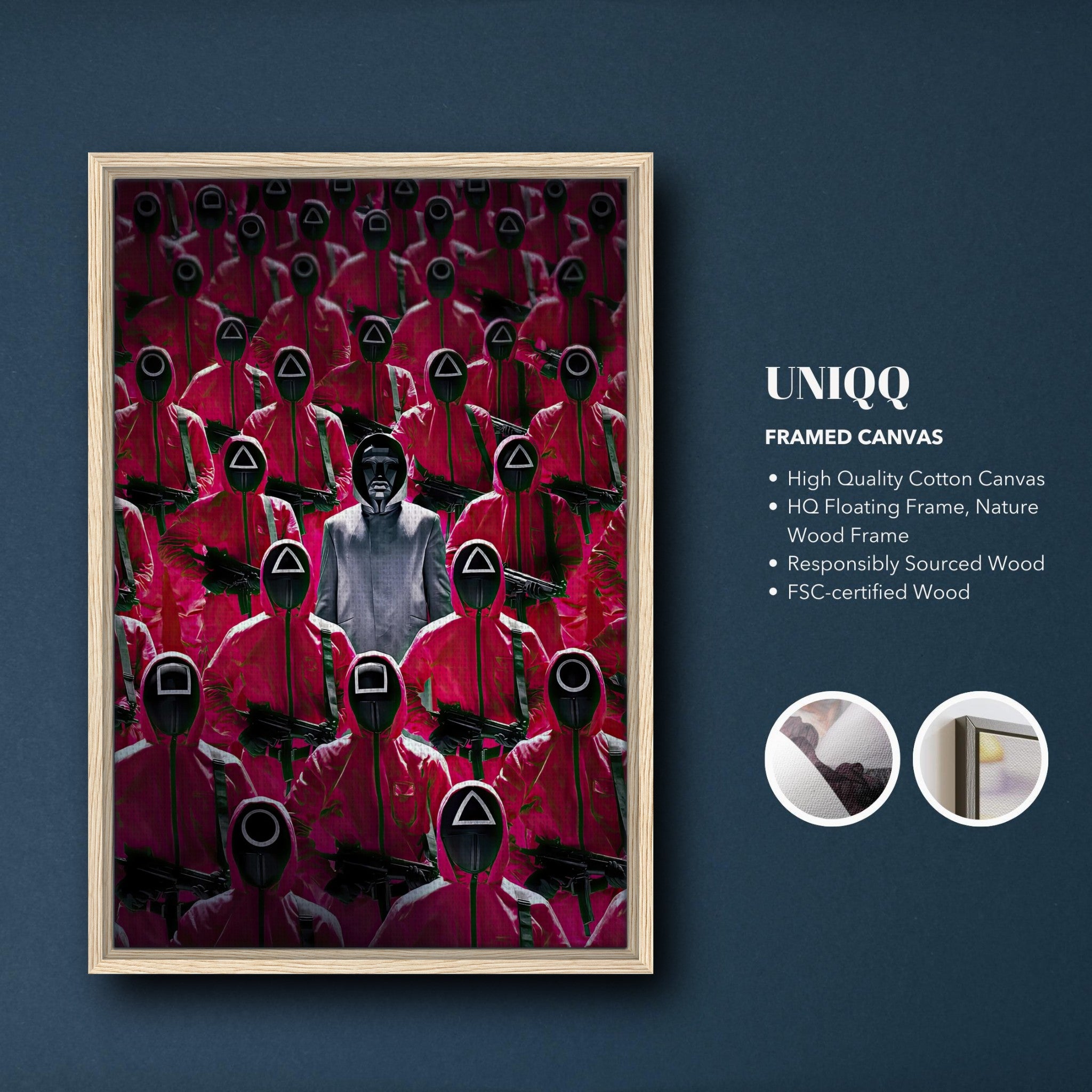 Squid Game Guards framed canvas print featuring iconic red uniforms and masks, perfect for enhancing any living space.