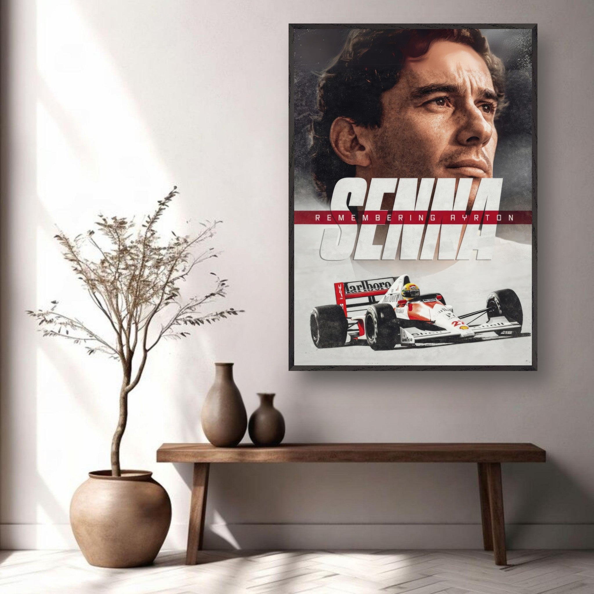 Fine art print of Ayrton Senna, capturing his legacy in motorsport, displayed in a stylish interior setting.