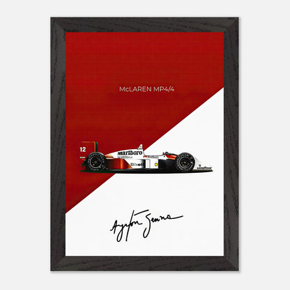 Ayrton Senna McLaren MP4/4 vintage framed print showcasing iconic Formula 1 car in bold red and white design.