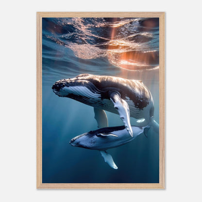 Underwater photography of a humpback whale and calf, showcasing ocean beauty and fine art quality.