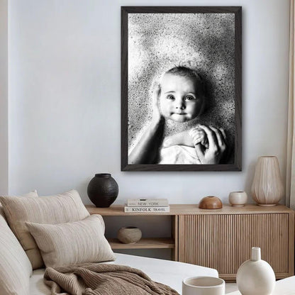 Vintage framed print of a serene baby in bubbles, perfect for home decor and capturing childhood innocence.