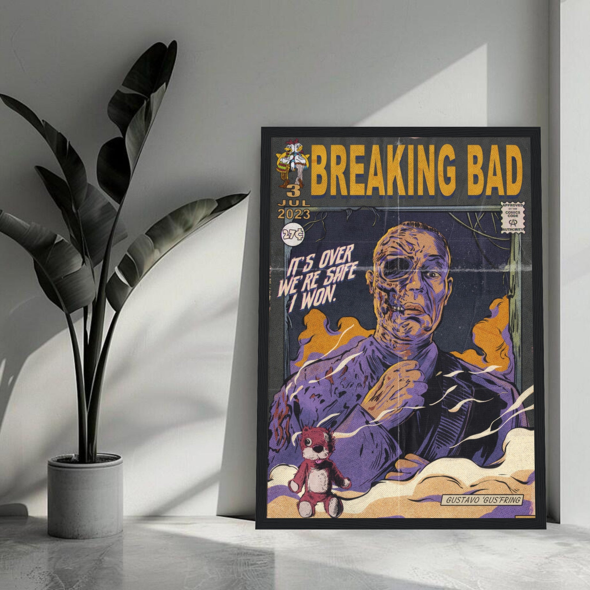 Framed comic-style poster of Gustavo Fring from Breaking Bad, featuring retro design and vibrant colors.