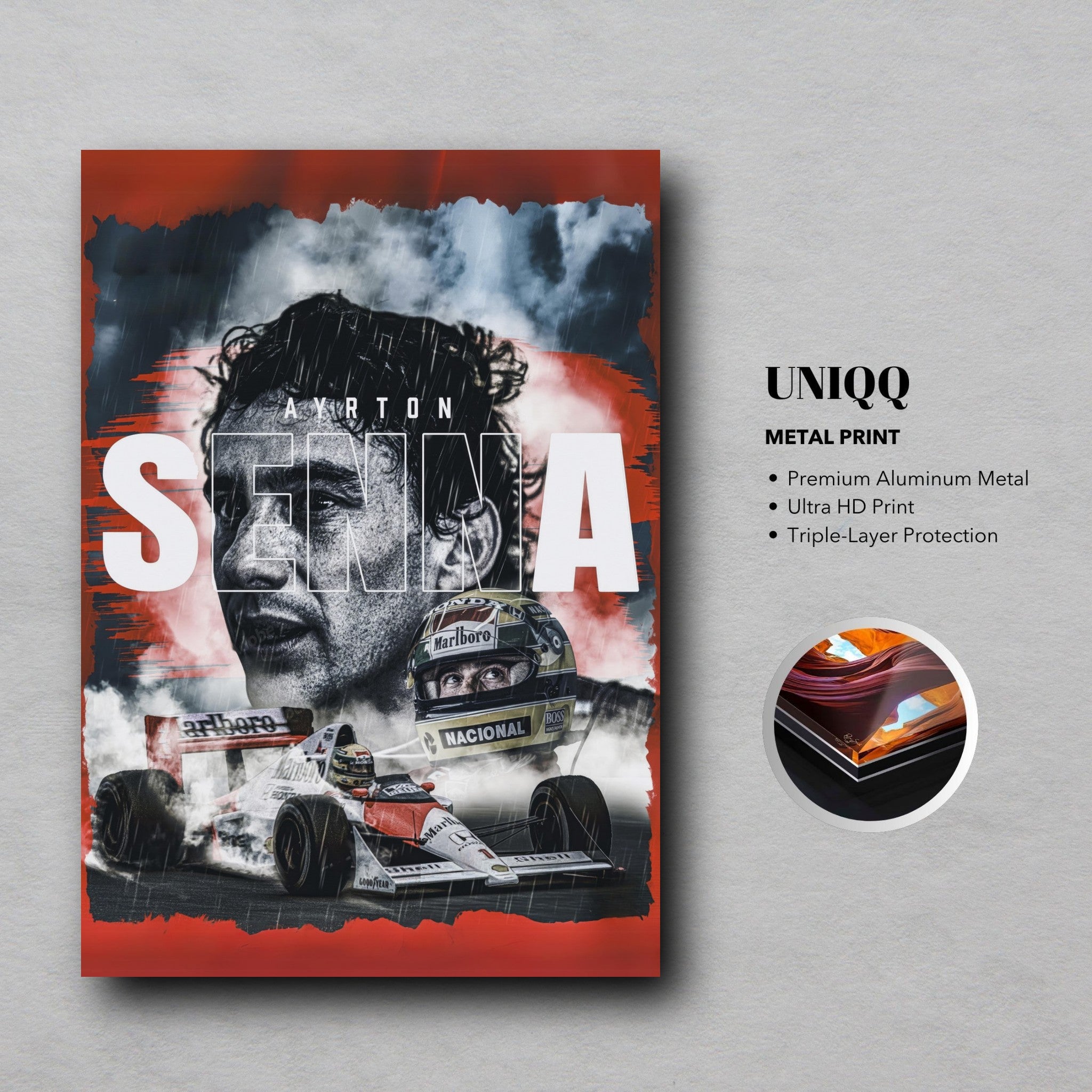 Ayrton Senna F1 metal print on aluminum, featuring bold colors and high-definition imagery for a striking tribute.