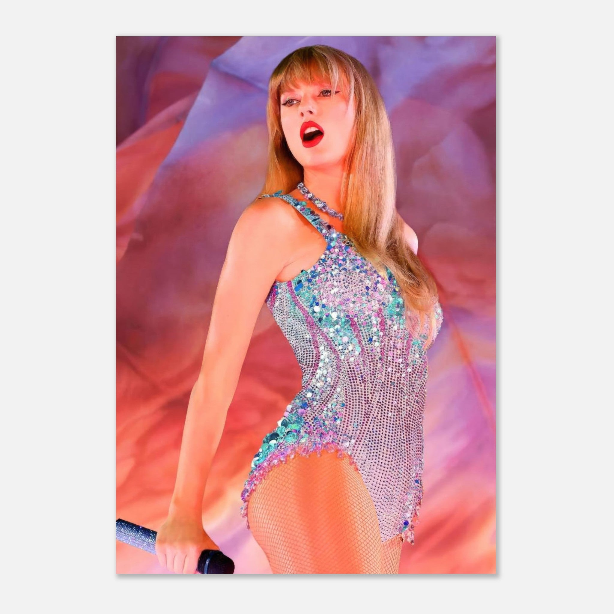 Taylor Swift performing on stage in a sparkling outfit during The Eras Tour, showcasing her iconic style and energy.