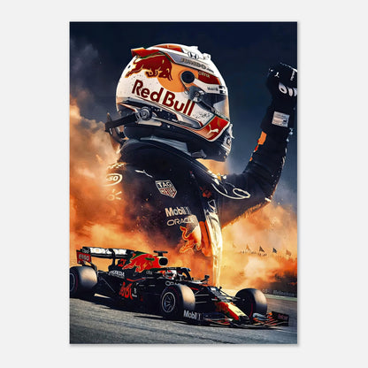 Max Verstappen Red Bull poster showcasing the F1 driver in vibrant colors, celebrating speed and motorsport excellence.