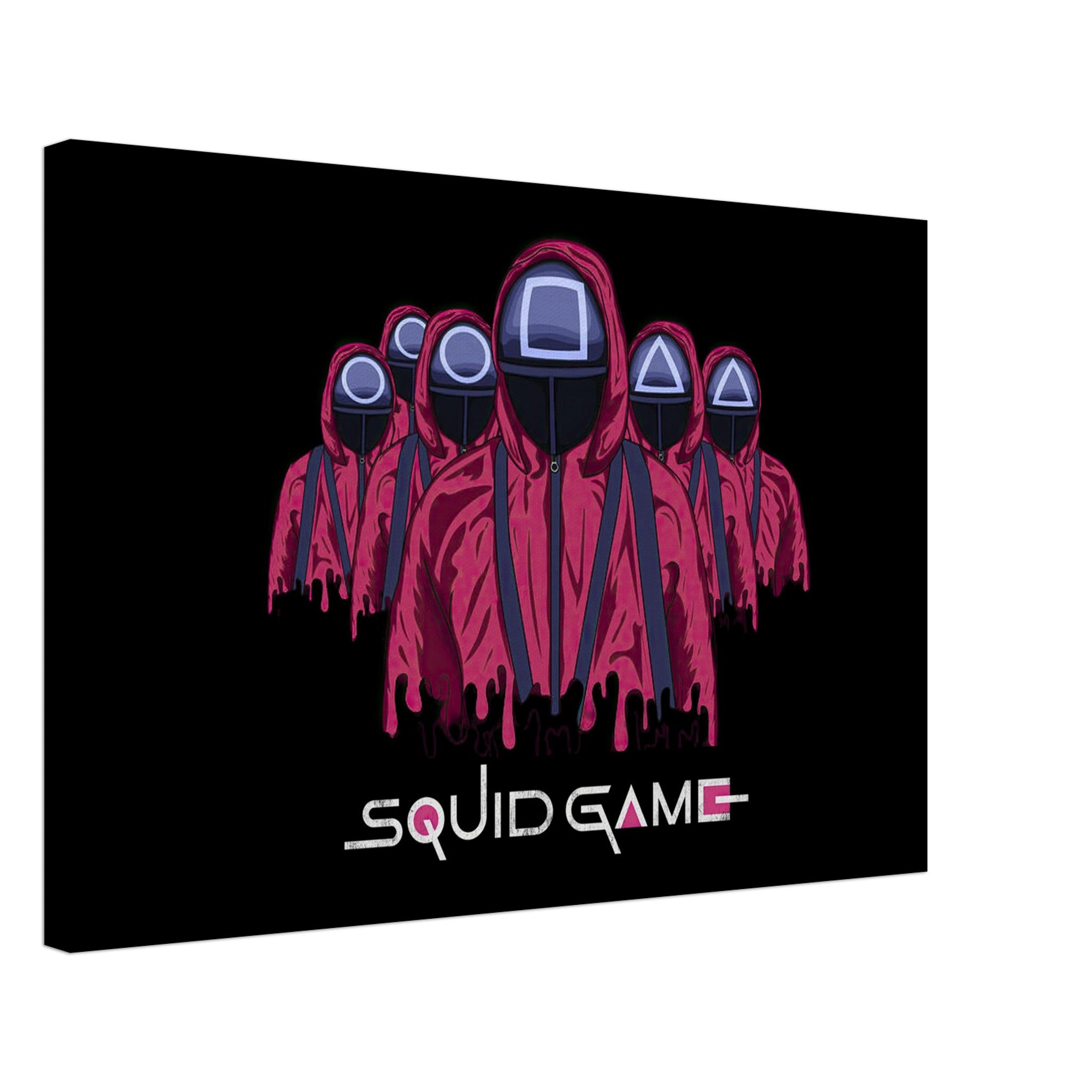 Squid Game Soldiers canvas with masked guards in red uniforms against a black background, perfect for fans of the series.