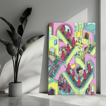 Squid Game Stairs canvas artwork showcasing vibrant colors and intricate designs in a modern living space.