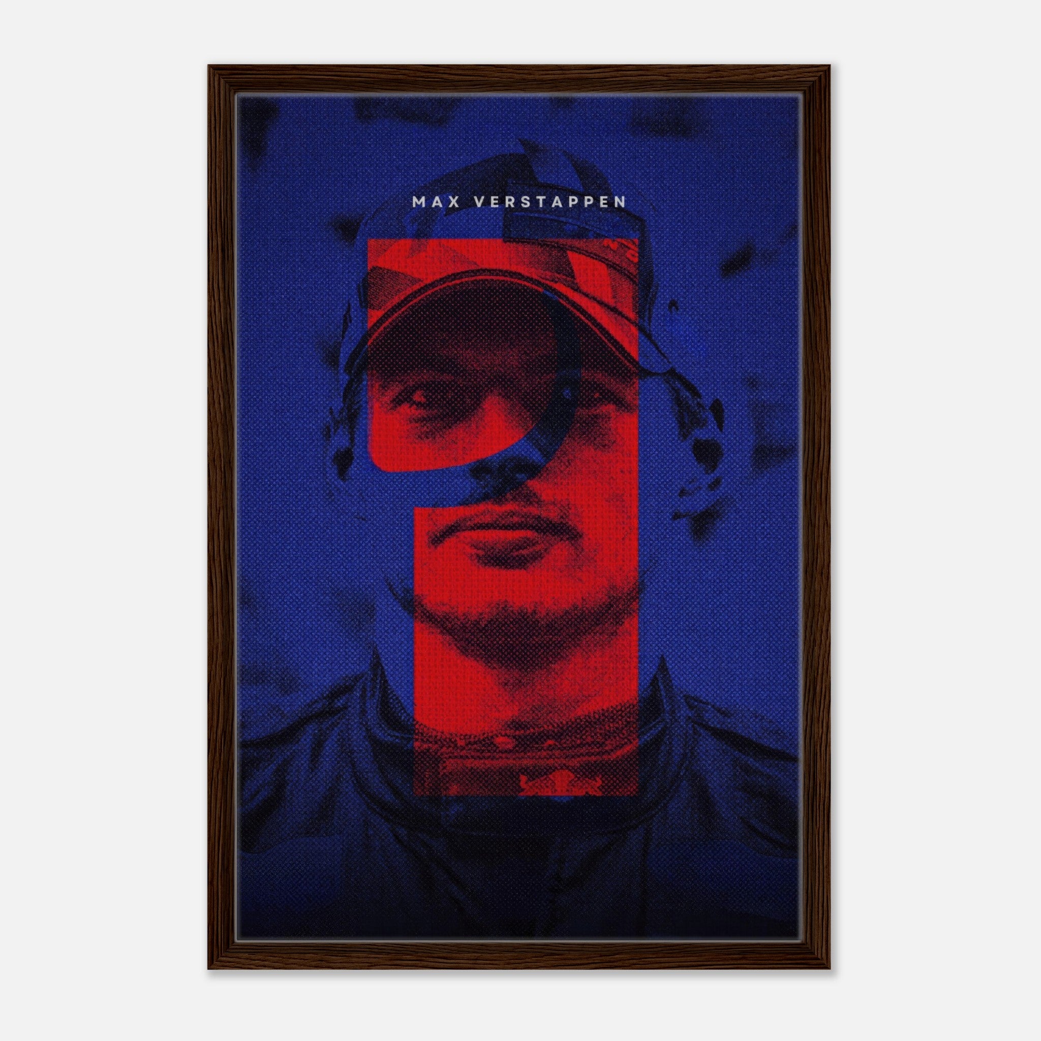 Max Verstappen framed canvas print featuring bold colors and racing design, perfect for F1 fans and art lovers.