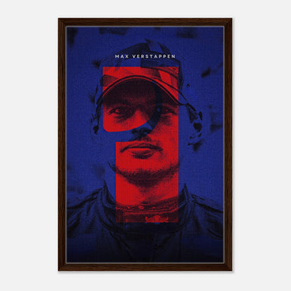 Max Verstappen framed canvas print featuring bold colors and racing design, perfect for F1 fans and art lovers.