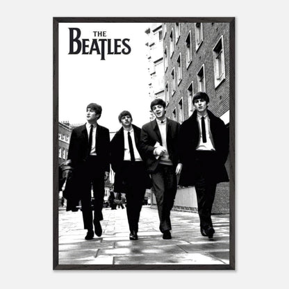 The Beatles fine art giclée print, black and white vintage image of the band walking together.