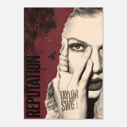 Taylor Swift Reputation poster with a bold dual-tone design featuring her striking gaze and album aesthetics.