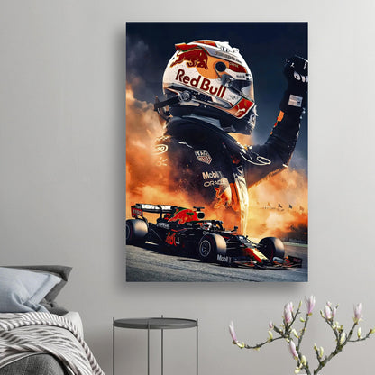 Max Verstappen Red Bull poster featuring dynamic race scene and vibrant colors, perfect for motorsport enthusiasts.