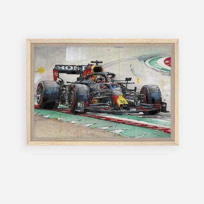 Max Verstappen framed canvas print showcasing his Red Bull car in an intense racing scene, highlighting vibrant details and colors.