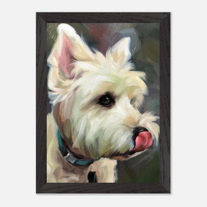 Westie Dog Painting in Vintage Frame, showcasing a playful West Highland White Terrier in detailed brushstrokes.