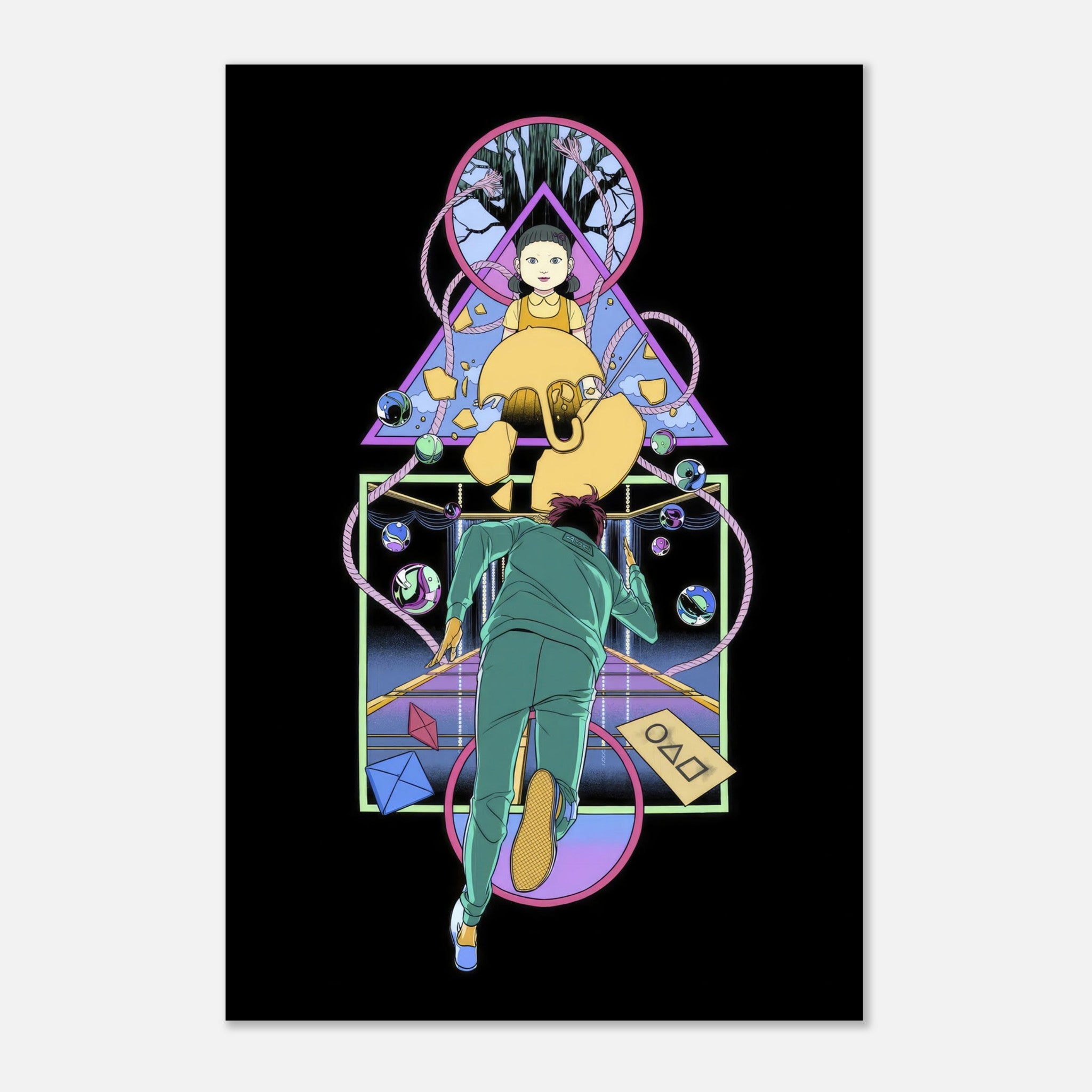 Doll Squid Game metal print featuring vibrant artwork with a character and geometric shapes on a black background.