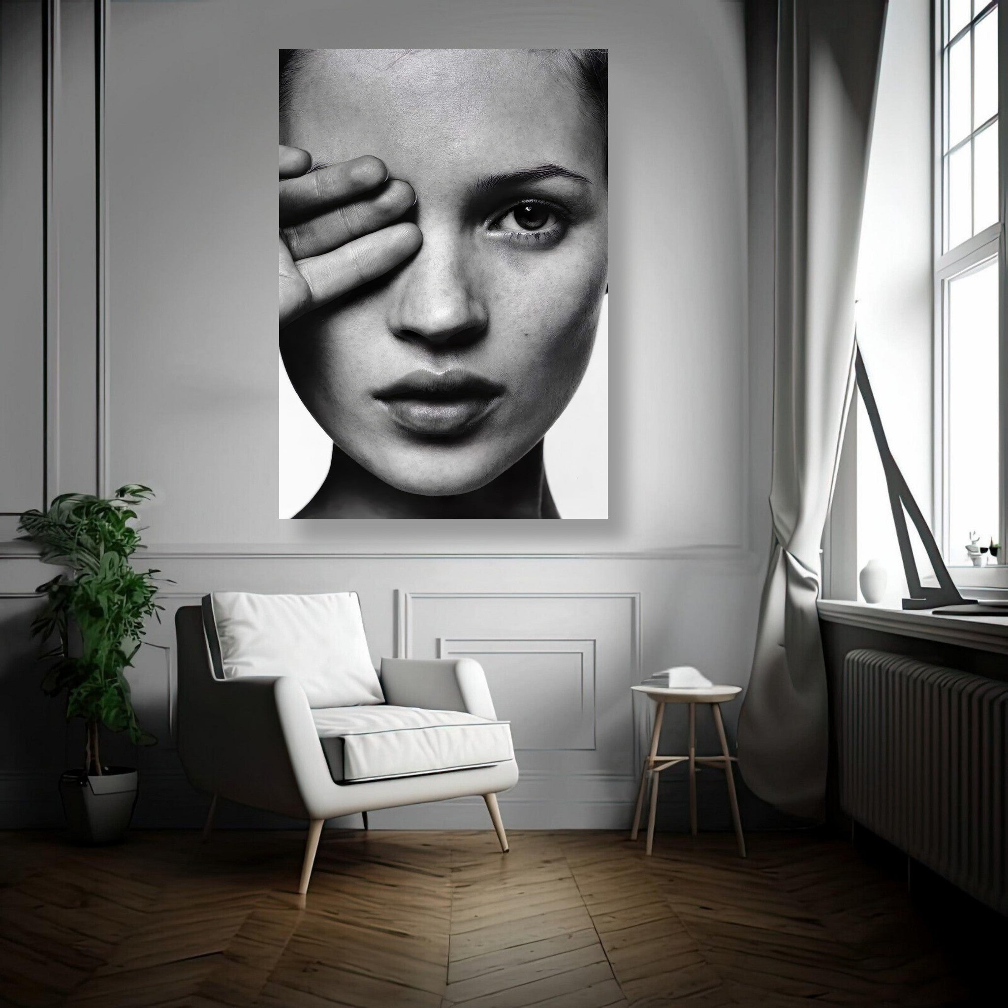 Black and white metal print of Kate Moss, showcasing her iconic beauty in a modern living space.