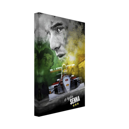 Ayrton Senna F1 McLaren canvas print showcasing the legendary driver with vibrant colors and iconic racing imagery.