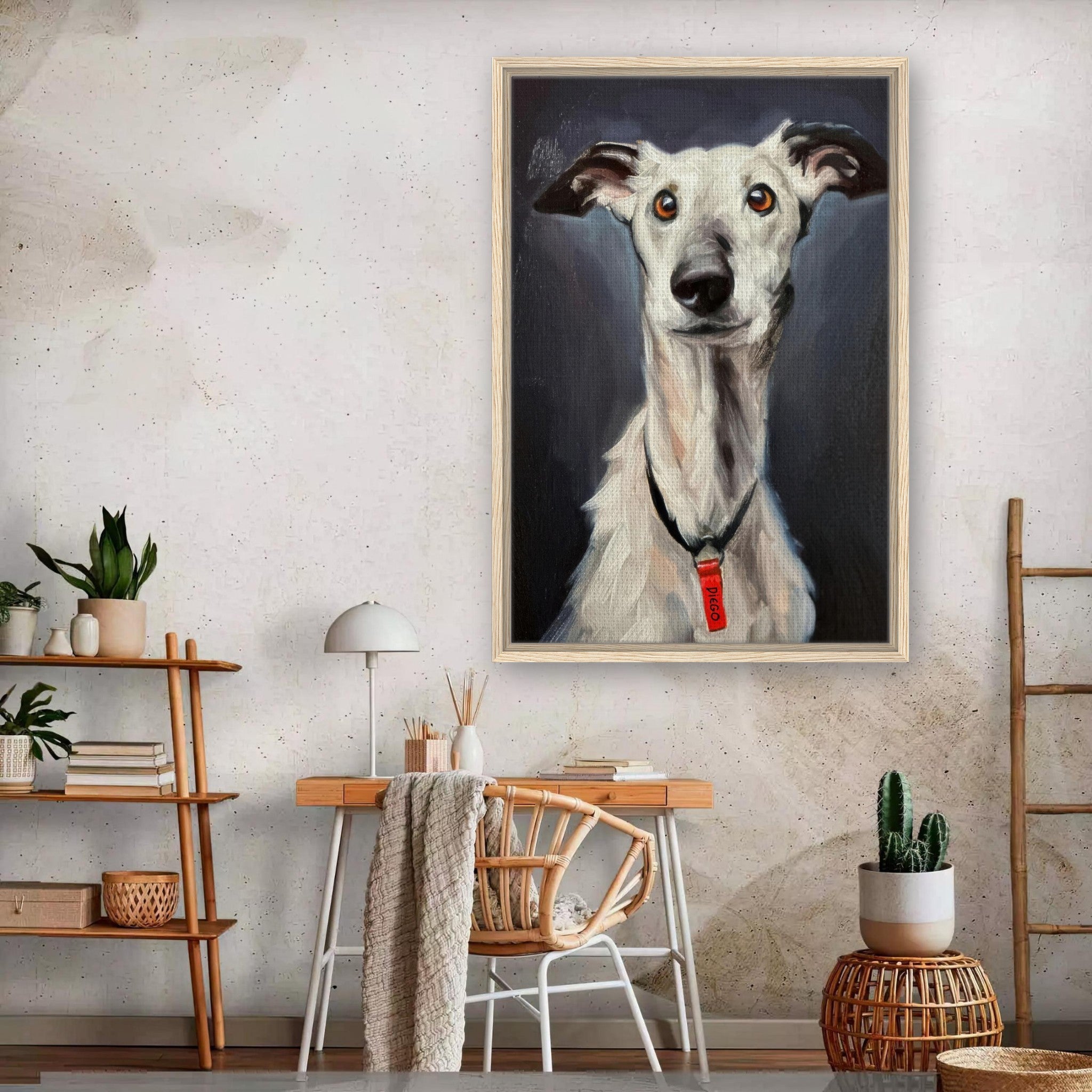 Framed canvas print of a Greyhound dog portrait in a stylish home interior, adding elegance and charm.