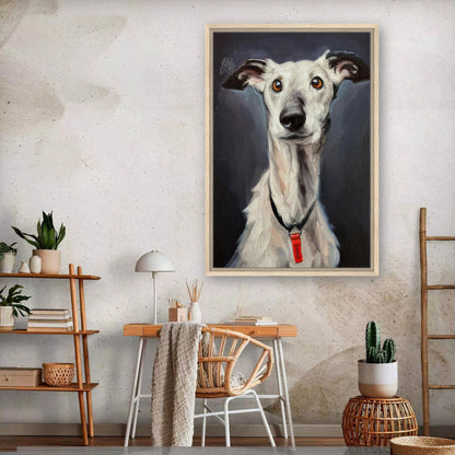 Framed canvas print of a Greyhound dog portrait in a stylish home interior, adding elegance and charm.
