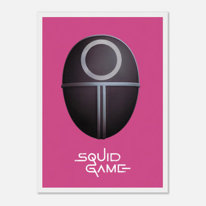 Squid Game Guard Mask framed print with black mask design against a bold pink background, ideal for fans of the series.