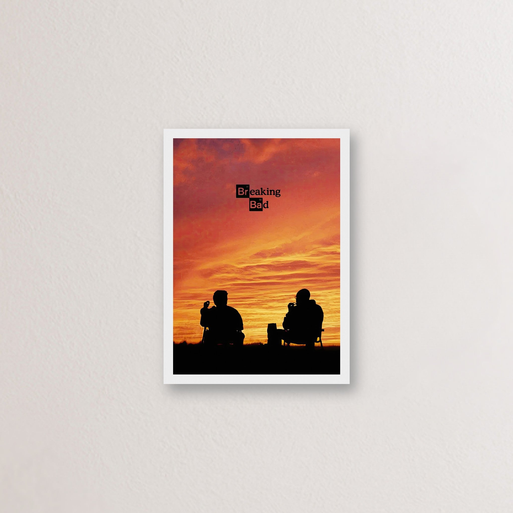 Breaking Bad framed poster featuring silhouettes of Walter White and Jesse Pinkman against a vibrant sunset backdrop.