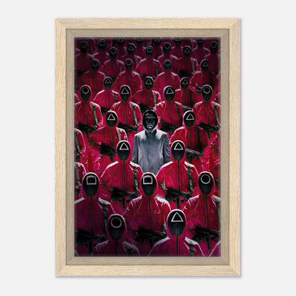 Framed canvas print of Squid Game guards in red uniforms, showcasing suspenseful atmosphere and iconic characters.