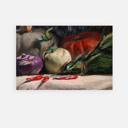 Brushed metal artwork of kohlrabi, pumpkins, and chilis in vibrant still life composition.