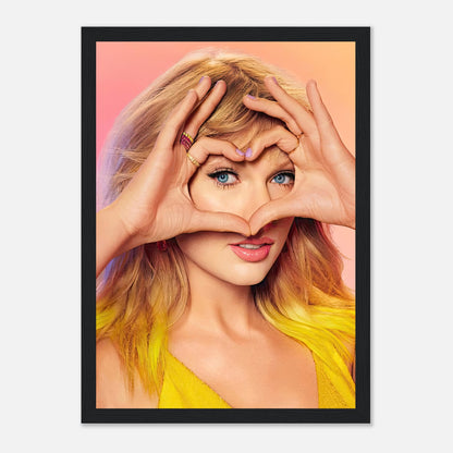 Taylor Swift framed print with heart-shaped hand gesture, vibrant colors showcasing her charisma and style.