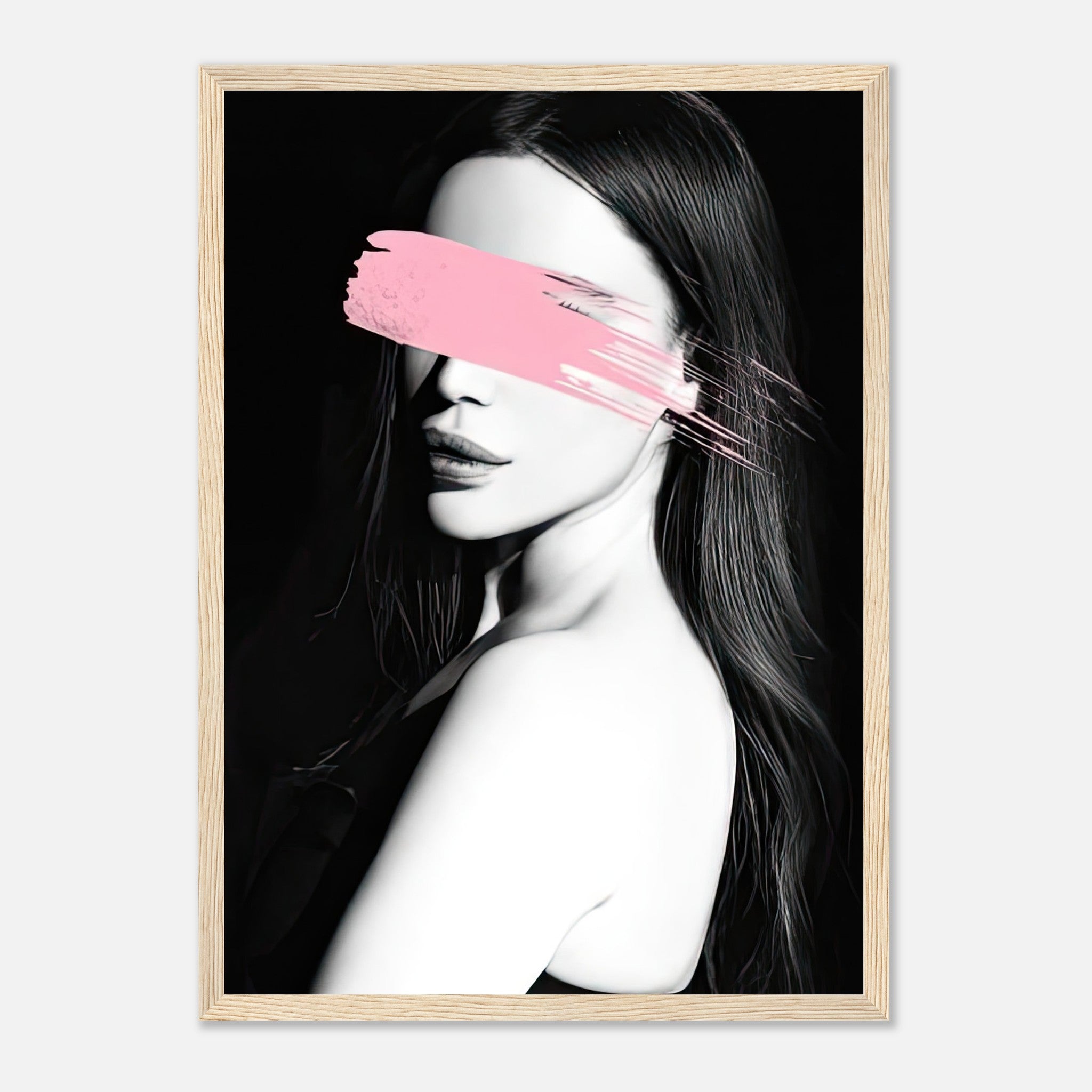 Framed print titled "Pink Blindness" featuring a monochrome portrait with a bold pink brushstroke.