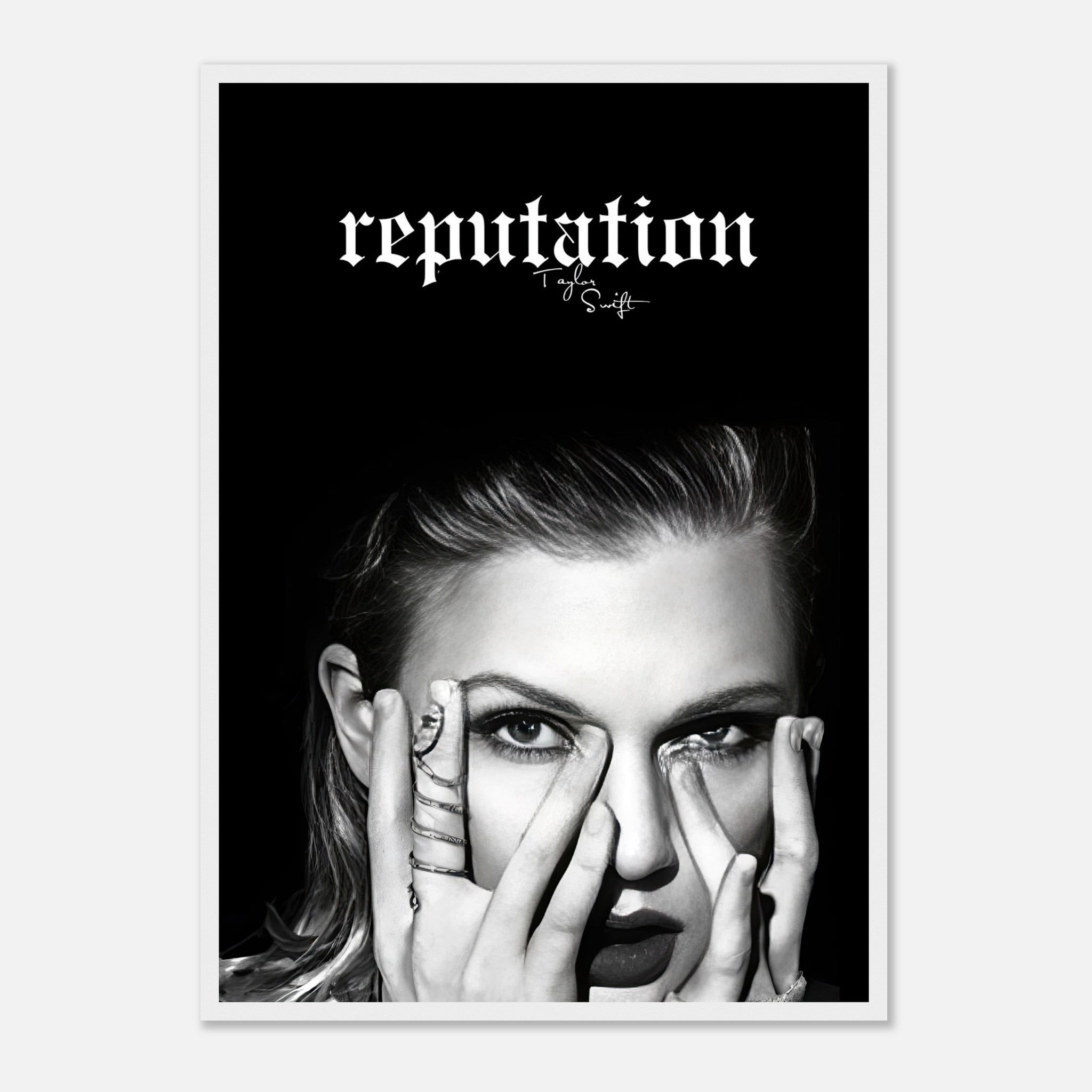 Taylor Swift Reputation framed print featuring bold black-and-white imagery and striking minimalist design.