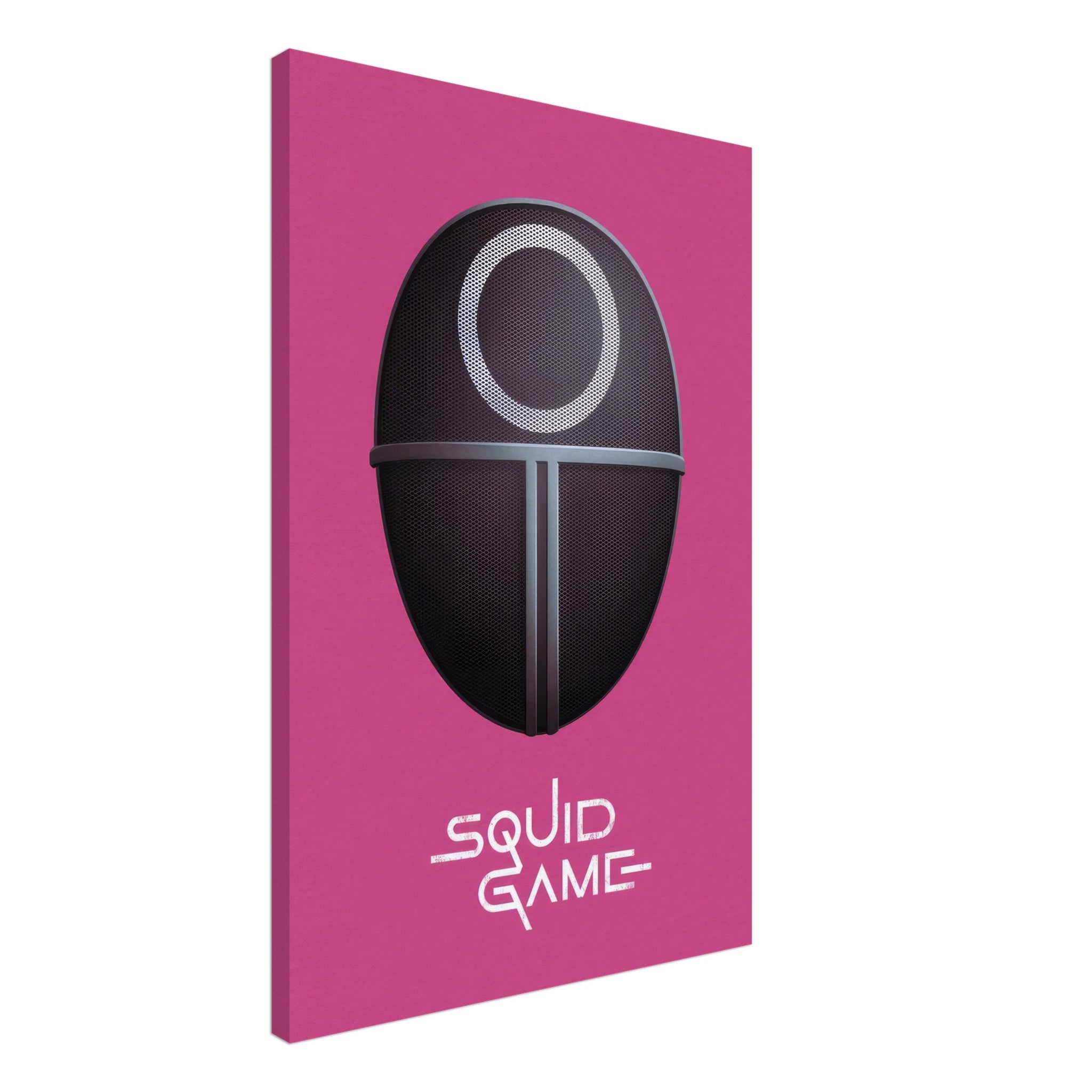 Squid Game Guard Mask canvas print on pink background, showcasing iconic design and minimalist style.