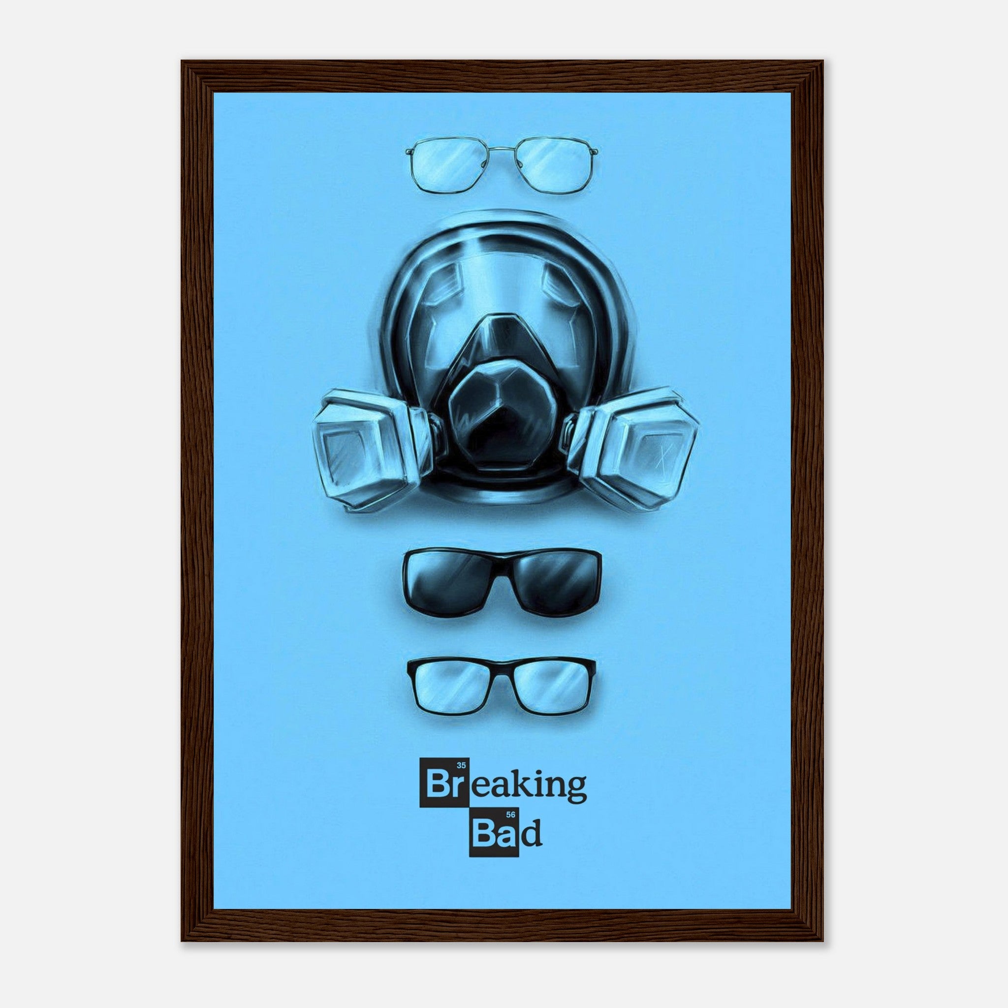 Minimalist Breaking Bad framed print featuring Walter White's gas mask and glasses on a bold blue background.