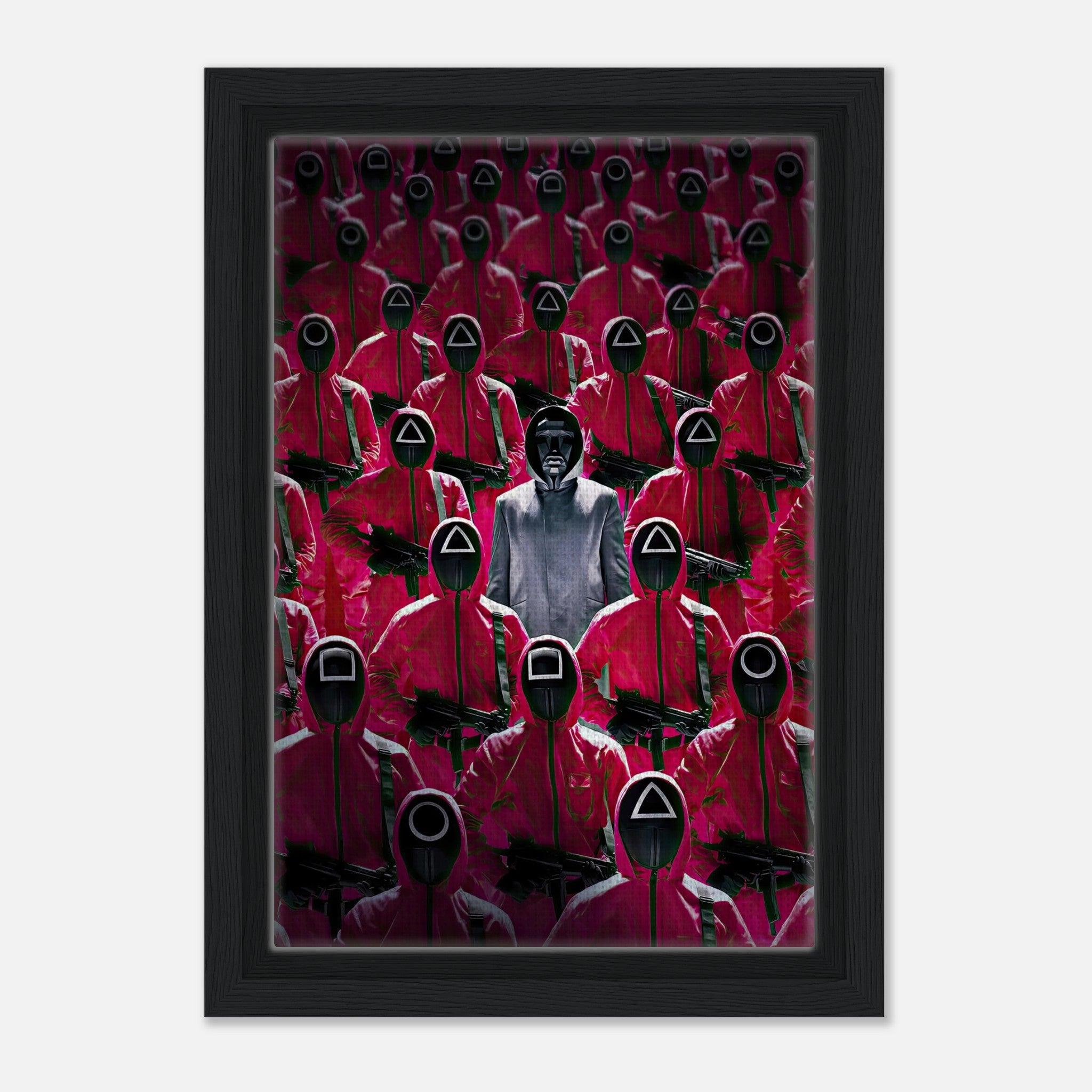 Framed canvas print of Squid Game guards in red uniforms with masked figures, capturing suspense and intensity.