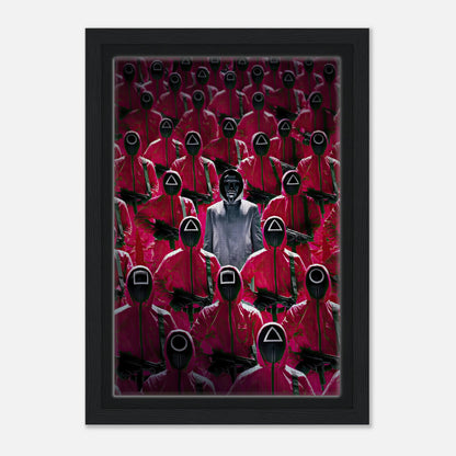 Framed canvas print of Squid Game guards in red uniforms with masked figures, capturing suspense and intensity.